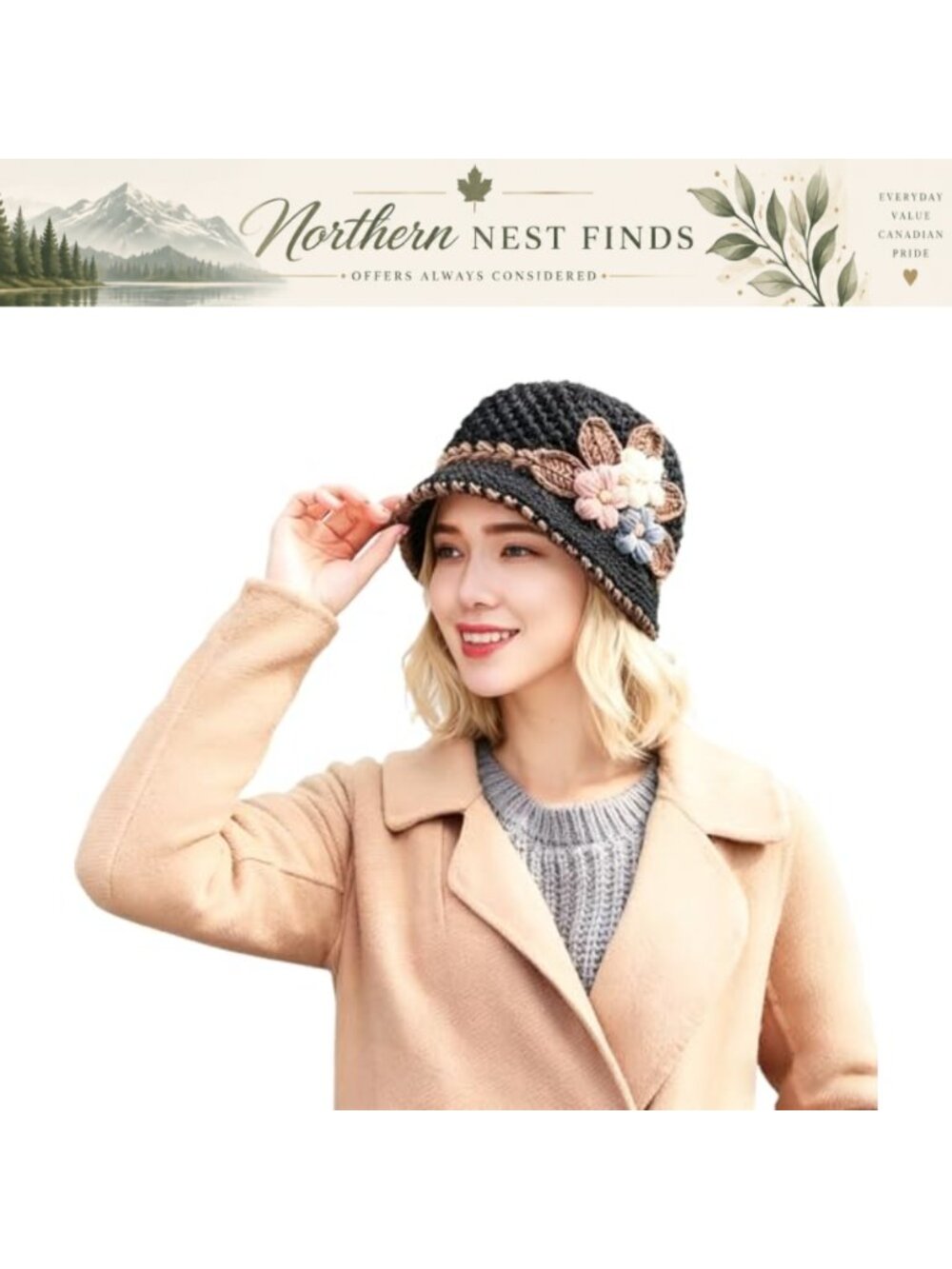 Thick Knitted Vintage Floral Crochet Bucket Hat Warm Fisherman Cap